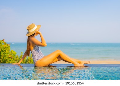 Portrait Beautiful Young Asian Woman Relax Smile Enjoy Leisure Around Swimming Pool In Resort Hotel On Vacation