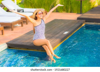 Portrait Beautiful Young Asian Woman Relax Smile Enjoy Leisure Around Swimming Pool In Resort Hotel On Vacation