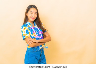 Portrait Beautiful Young Asian Woman Wear Colorful Shirt For Songkran Festival On Color Background