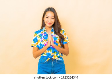 Portrait Beautiful Young Asian Woman Wear Colorful Shirt For Songkran Festival On Color Background