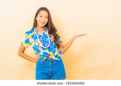 Portrait Beautiful Young Asian Woman Wear Colorful Shirt For Songkran Festival On Color Background