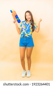 Portrait Beautiful Young Asian Woman Wear Colorful Shirt For Songkran Festival On Color Background