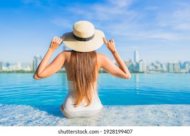 Portrait Beautiful Young Asian Woman Smile Relax Leisure Around Outdoor Swimming Pool With City View