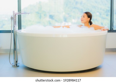 Portrait beautiful young asian woman relax leisure enjoy in bathtub at bathroom and toilet interior