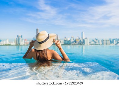 Portrait Beautiful Young Asian Woman Smile Relax Leisure Around Outdoor Swimming Pool With City View