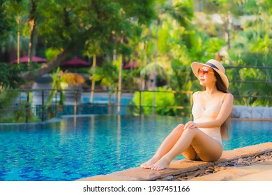 Portrait Beautiful Young Asian Woman Relax Around Swimming Pool In Hotel Resort For Leisure In Vacation