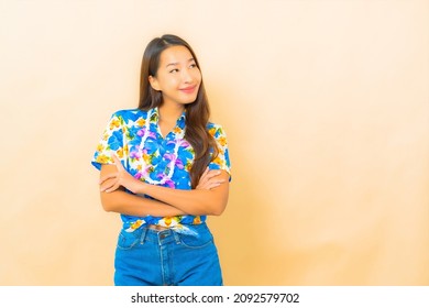 Portrait Beautiful Young Asian Woman Wear Colorful Shirt For Songkran Festival On Color Background