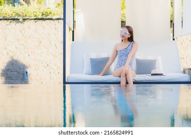 Portrait Beautiful Young Asian Woman Relax Smile Leisure Around Outdoor Swimming Pool Nearly Sea Beach In Travel Vacation