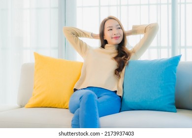 Portrait Beautiful Young Asian Woman Relax Leisure Enjoy On Sofa In Living Room Interior Area