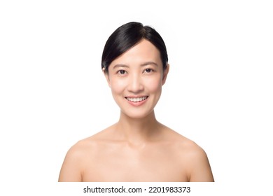Portrait of beautiful young asian woman clean fresh bare skin concept. Asian girl beauty face skincare and health wellness, Facial treatment, Perfect skin, Natural make up on white background. - Shutterstock ID 2201983373