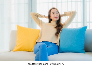 Portrait Beautiful Young Asian Woman Relax Leisure Enjoy On Sofa In Living Room Interior Area