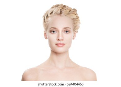 Portrait Of Beautiful Young Blond Woman With Braid Crown Hairstyle.