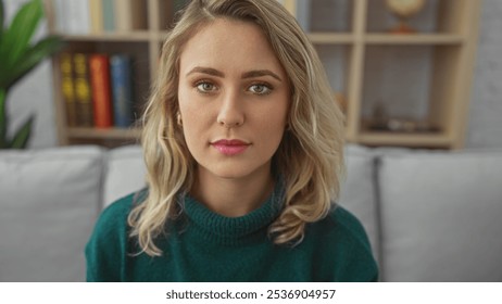 Portrait of a beautiful, young, blonde woman casually dressed, sitting indoors at home with a comfortable interior background. - Powered by Shutterstock