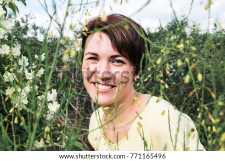 Similar – Foto Bild Junge Frau sitzend im Wald.