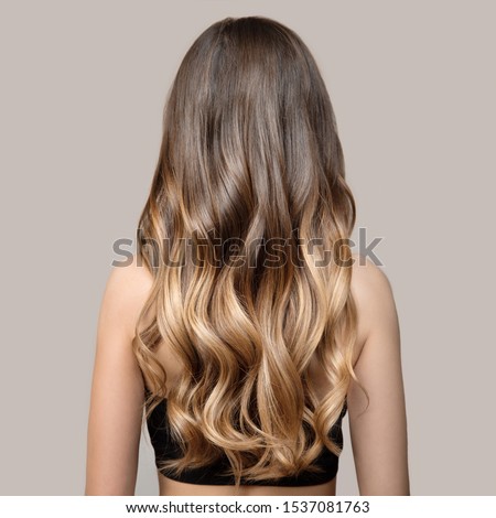 Portrait of a beautiful young brunette woman with long wavy hair. Back view.