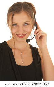 Portrait Of A Beautiful Young Caucasian Businesswoman Wearing Phone Headset On White Background. NOT ISOLATED