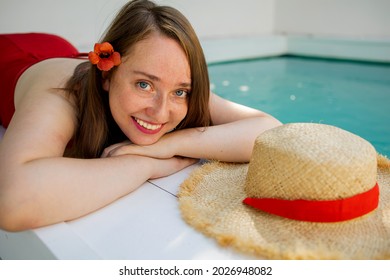 Portrait Beautiful Young Red Hair Woman Relax Smile Leisure Around Outdoor Swimming Pool Nearly Sea Beach Ocean For Holiday Vacation