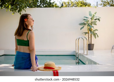 Portrait Beautiful Young Red Hair Woman Relax Smile Leisure Around Outdoor Swimming Pool Nearly Sea Beach Ocean For Holiday Vacation