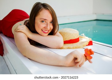 Portrait Beautiful Young Red Hair Woman Relax Smile Leisure Around Outdoor Swimming Pool Nearly Sea Beach Ocean For Holiday Vacation