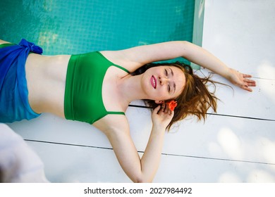 Portrait Beautiful Young Red Hair Woman Relax Smile Leisure Around Outdoor Swimming Pool Nearly Sea Beach Ocean For Holiday Vacation