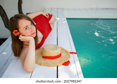 Portrait Beautiful Young Red Hair Woman Relax Smile Leisure Around Outdoor Swimming Pool Nearly Sea Beach Ocean For Holiday Vacation