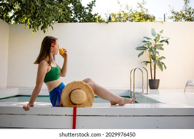 Portrait Beautiful Young Red Hair Woman Relax Smile Leisure Around Outdoor Swimming Pool Nearly Sea Beach Ocean For Holiday Vacation