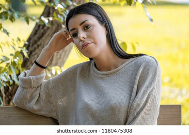 Portrait Of Beautiful Young Sad Woman Outdoors Feeling Seasonal Affective Disorder Syndrome