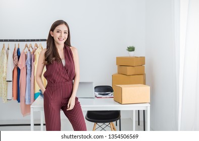 Portrait Of Beautiful Young Sexy Asian SME Business Woman Smiling Positive Relax, Asia Lifestyle, Owner Girl Arms Cross Confident Startup Small Business Sme, Woman Indoor Home Office Concept