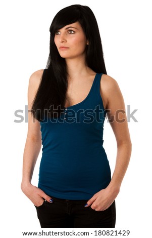 Portrait of beautiful young woman in blue tshirt
