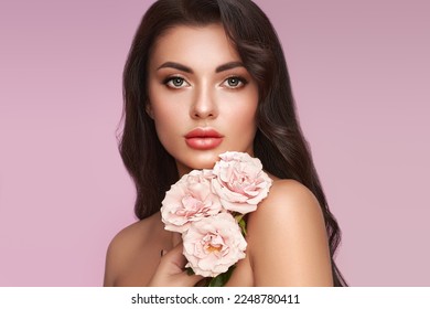 Portrait beautiful young woman with clean fresh skin. Model with healthy skin, close up portrait. Cosmetology, beauty and spa. Girl with a rose flower - Shutterstock ID 2248780411