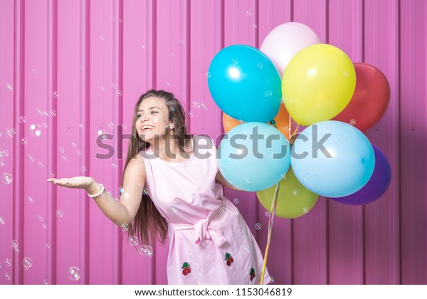 Portrait Beautiful Young Woman Colorful Balloons Stock Photo Edit