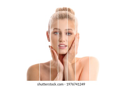 Portrait of beautiful young woman with different tones of skin on white background - Shutterstock ID 1976741249