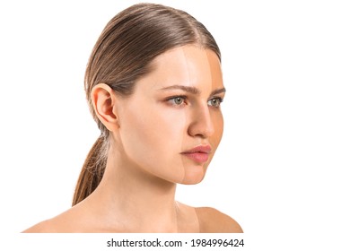 Portrait of beautiful young woman with different tones of skin on white background - Shutterstock ID 1984996424