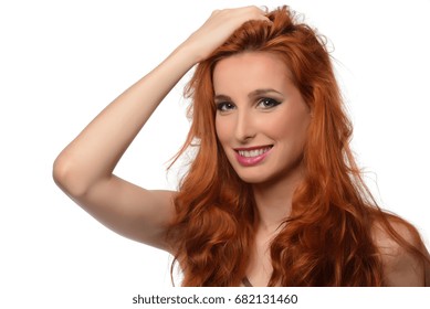 portrait of a beautiful young woman with elegant long red shiny hair , hairstyle