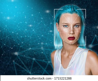 Portrait of a beautiful young woman in futuristic style against the background of dots connected by lines. The concept of digital identification, total control, digital security, personal data