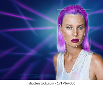 Portrait of a beautiful young woman in futuristic style against the background of ultraviolet lines. The concept of digital identification, total control, digital security, personal data protection.