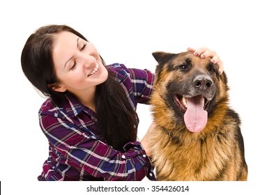 Portrait of beautiful young woman and a German Shepherd isolated on a white background - Powered by Shutterstock