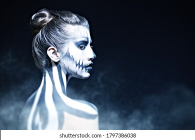 Portrait Beautiful Young Woman Halloween Skeleton Stock Photo