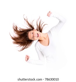 A Portrait Of A Beautiful Young Woman With Long Hair Acting Crazy Over White Background