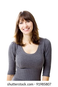 Portrait Of A Beautiful Young Woman Looking At The Camera And Smiling, Isolated On A White Background