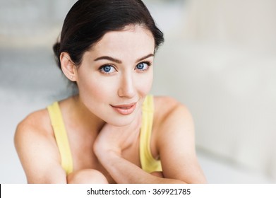Portrait of a beautiful young woman. , Pretty model girl with perfect fresh clean skin resting at home, Beauty, relaxation and skin care concept