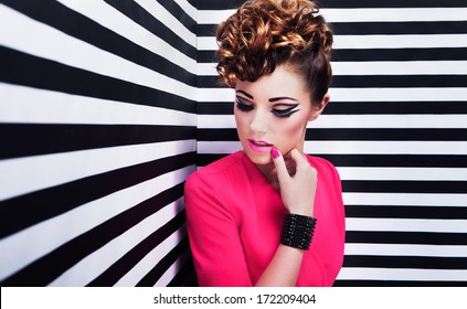 Portrait Of Beautiful Young Woman With Professional Party Make Up False Eyelashes 