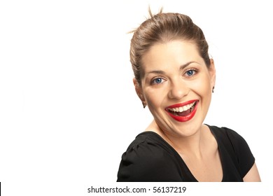 Portrait Of Beautiful Young Woman With Red Lips Isolated Over White. Big Toothy Smile.