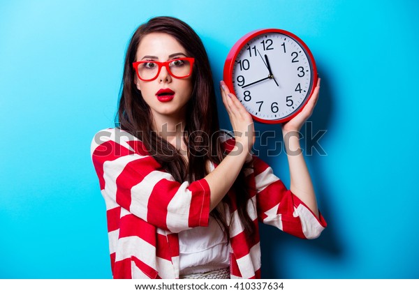 Portrait Beautiful Young Woman Red Clock Stock Photo 410337634 ...