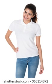 Portrait Of Beautiful Young Woman Wearing Blank Tshirt On White Background