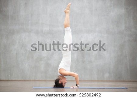 Portrait of beautiful young woman wearing white sportswear working out against grey wall, doing yoga or pilates exercise. Headstand, salamba sirsasana II. Full length photo