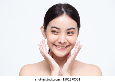 Portrait Of Beauty Asian Woman Clear Healthy Perfect Skin Isolated On White Background. Beauty Clinic Facial Treatment Skincare Concept