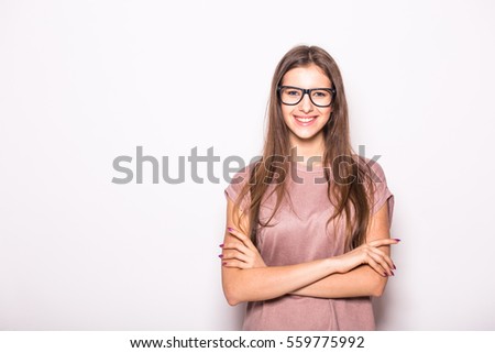 Portrait of beauty girl in eyeglasses on white background