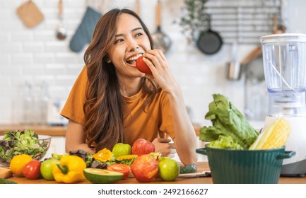 Portrait of beauty health asian woman having fun hold tomato cooking, vegan food healthy eat, fresh vegetable, Lycopene, vitamins, skincare, vegetarian in kitchen.Diet.Fitness, healthy food - Powered by Shutterstock