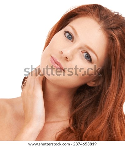 Portrait, beauty and skincare with a ginger woman in studio isolated on a white background for makeup. Face, aesthetic and cosmetics with a confident young redhead model at the salon or hairdresser